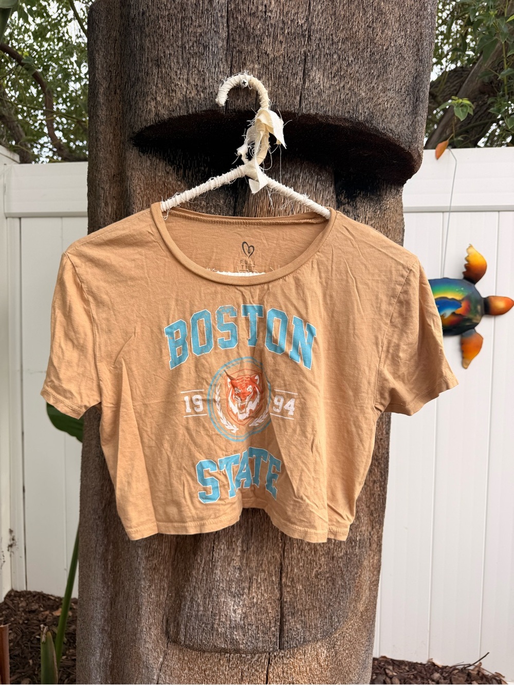 Full Tilt Tan Cropped Boston State Graphic Tee with Blue Logo
